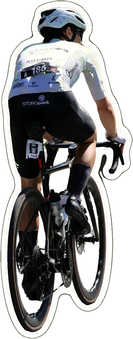 Manuel from behind on a Swiss road, bib 186, die-cut sticker