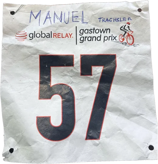 Race number 57 from the Global Relay Gastown Grand Prix, with Manuel Trachsler written on it