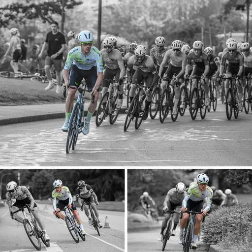 Collage of three crit photos, Manuel in colour and everyone else in black and white: leading the bunch through a corner, turning between two riders, and at the front of a group beside a hedge