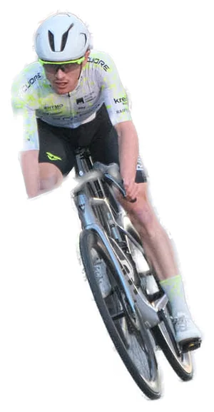 Die-cut sticker: Manuel leaning into a crit corner, second wheel