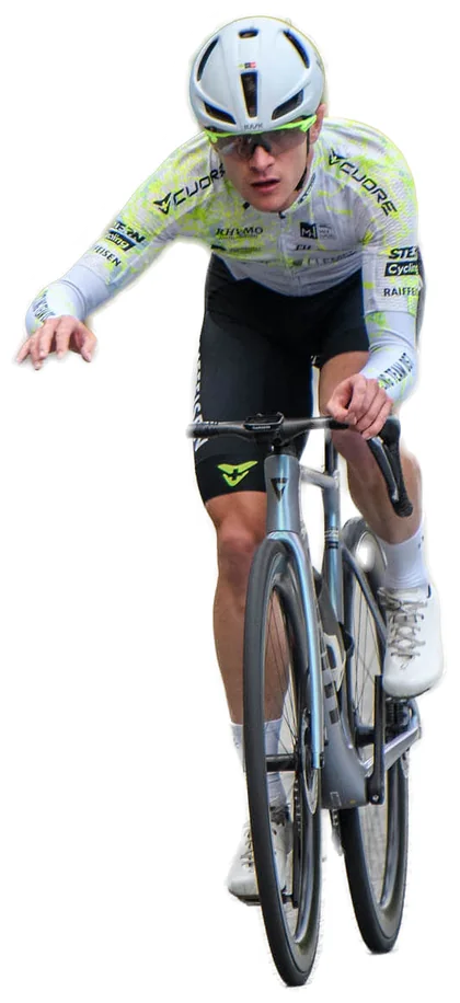 Die-cut sticker: Manuel in the Cycling Team OST kit, reaching out with one hand