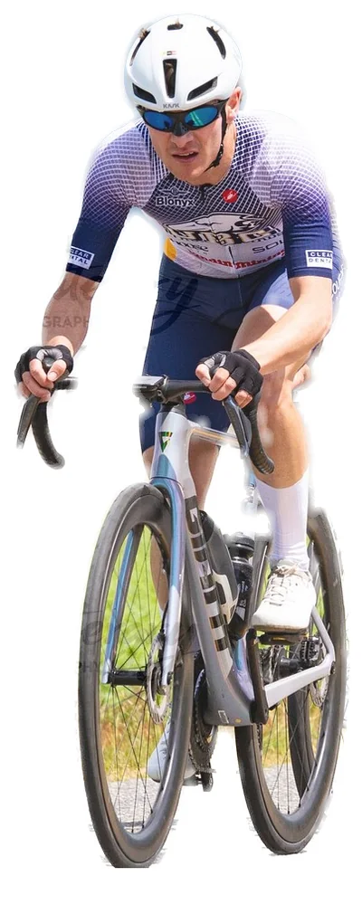 Die-cut sticker: Manuel in the UBC kit at the front of a group
