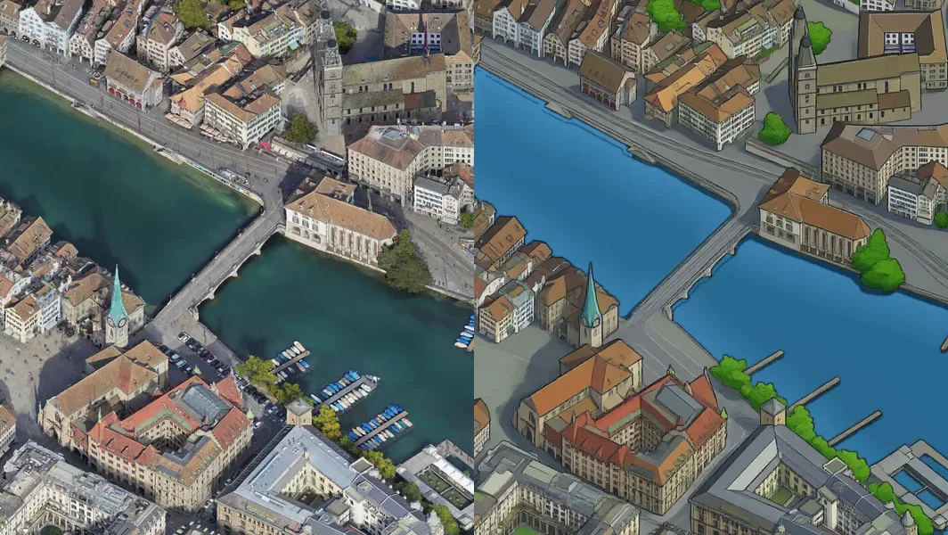 3D render of the Old Town, and the same view painted as pixel art