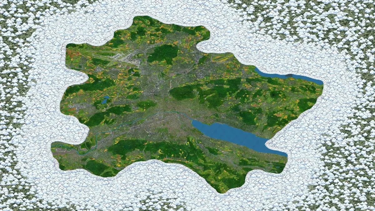 The whole map: Zurich, the lake and the airport, ringed by clouds